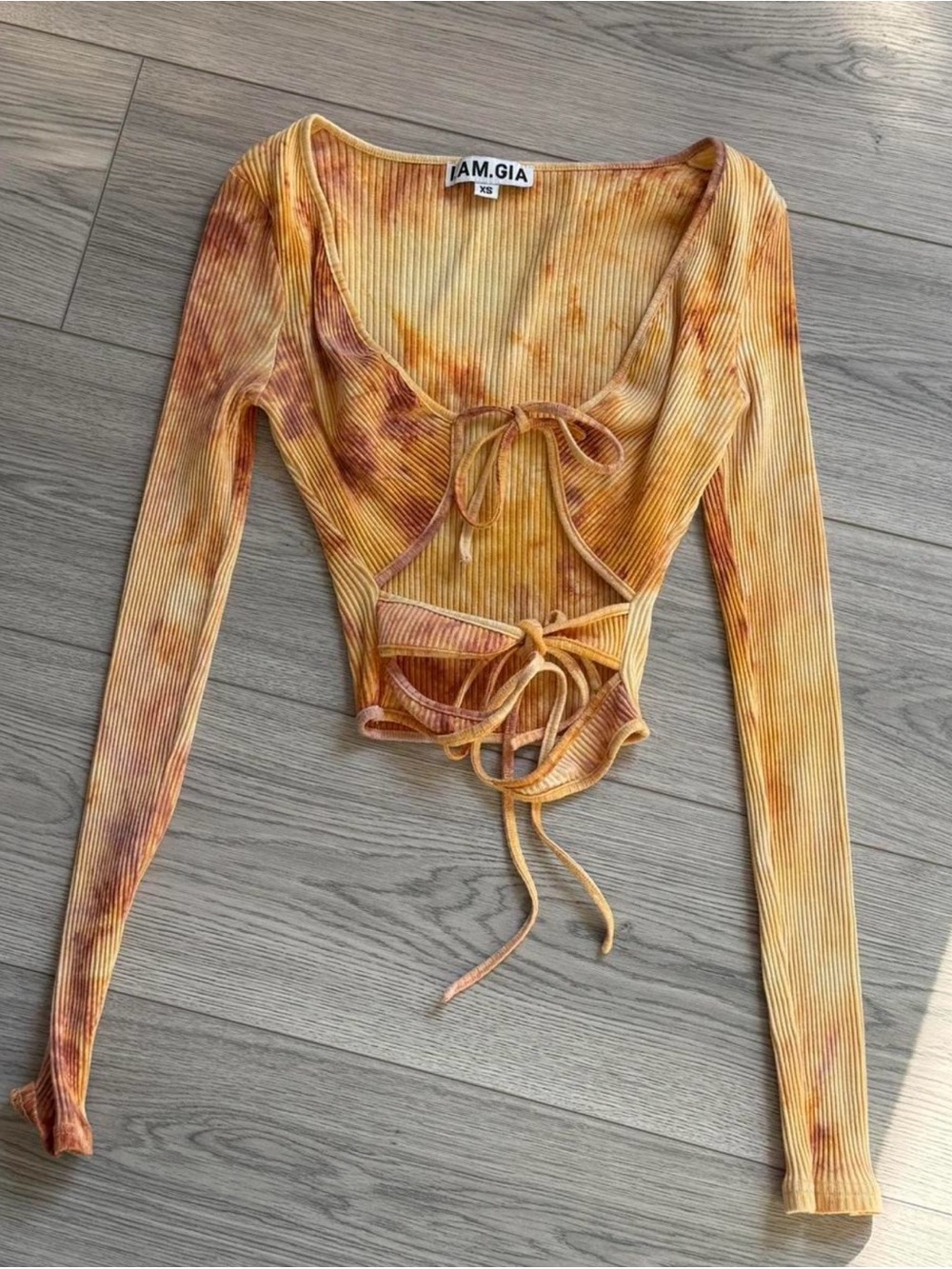 I.AM.GIA Yellow & Rust Tie-Dye Ribbed Long-Sleeve Crop Top- perfect for fall